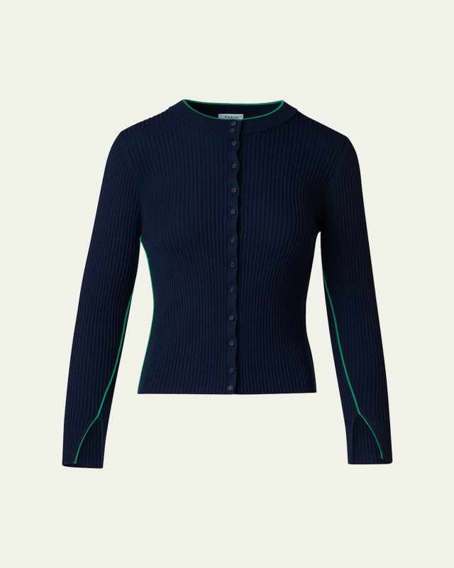 Ribbed Wool Cardigan with Contrast Piping